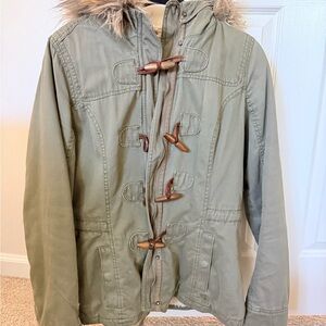Abercrombie & Fitch 
Green Toggle Coat with Faux Fur Hood